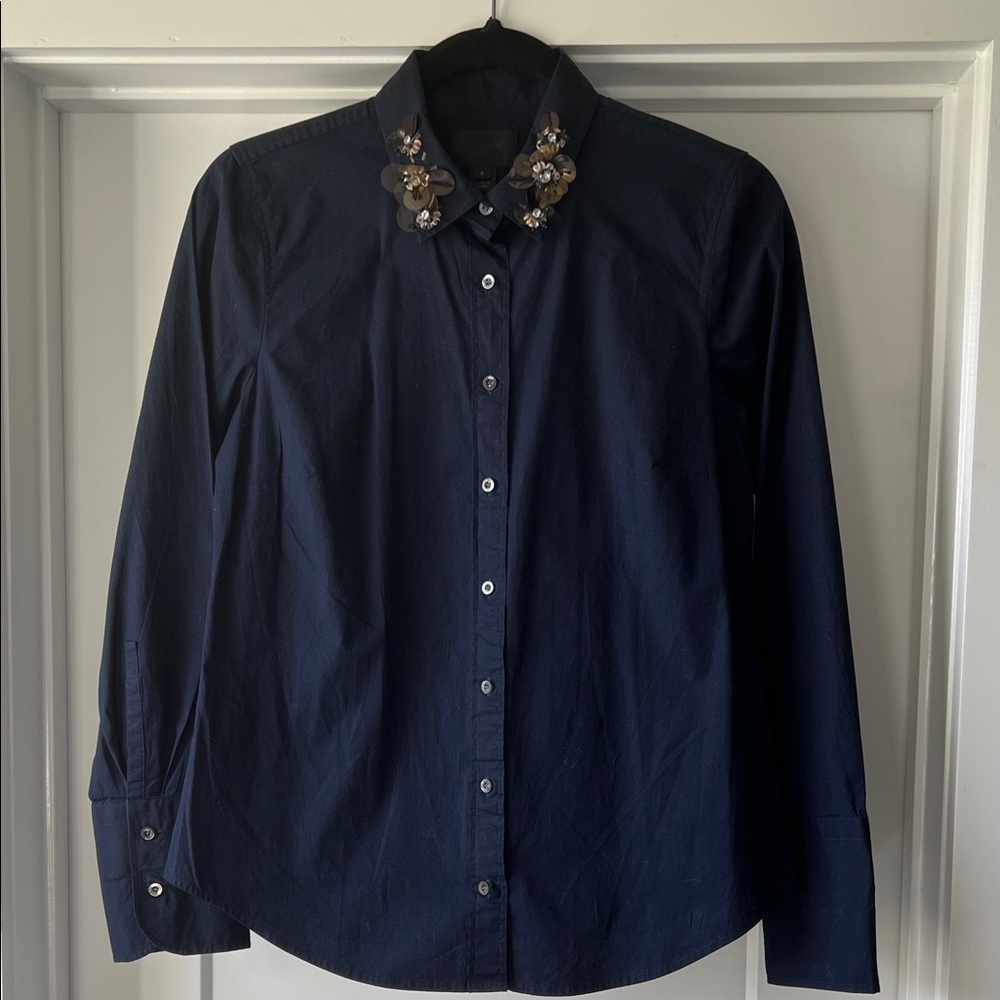J. Crew Collection Navy Perfect Shirt with Embellished Collar